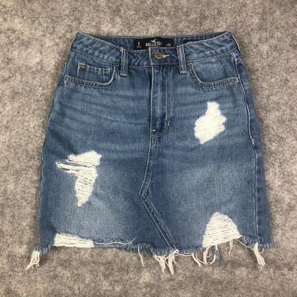 Hollister Ultra High Rise Denim Skirt Blue Ripped Distressed Raw Hem Denim Sz 0 - Picture 1 of 7